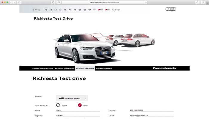 i form per richiedere test drive, interventi, informazioni sui modelli...