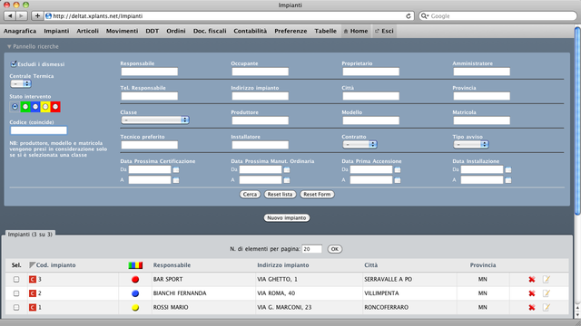 Vista degli impianti con ricerche e stato degli interventi