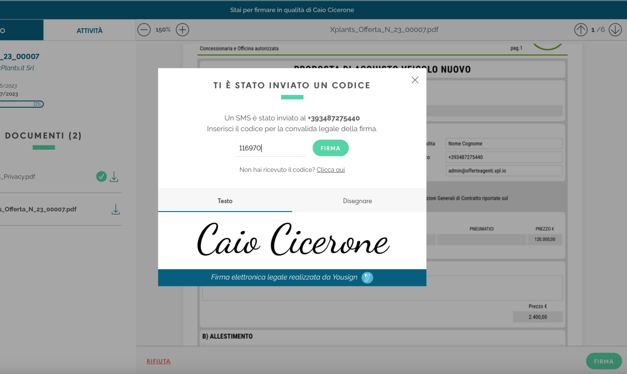 ricezione via SMS del codice OTP e apposizione della Firma digitale