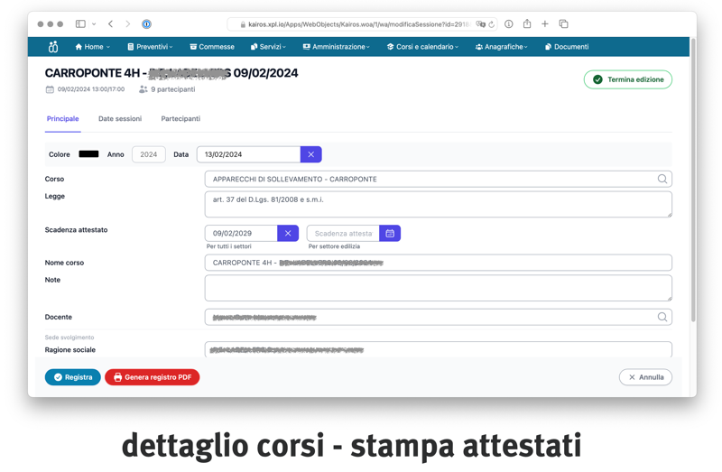 dettaglio corsi - stampa attestati