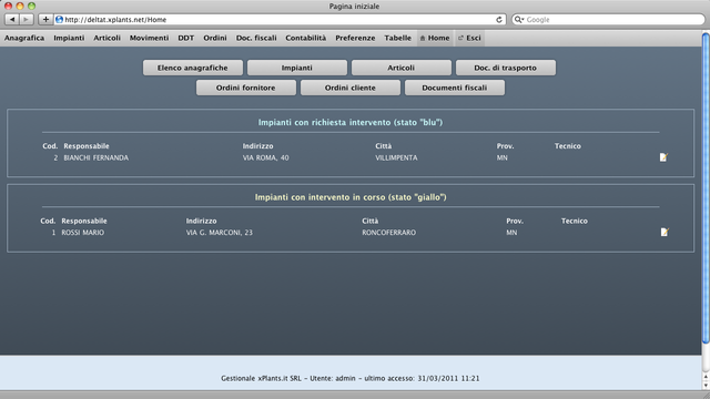 Home page di xpepper, con lista degli ordini e degli impianti con interventi in corso